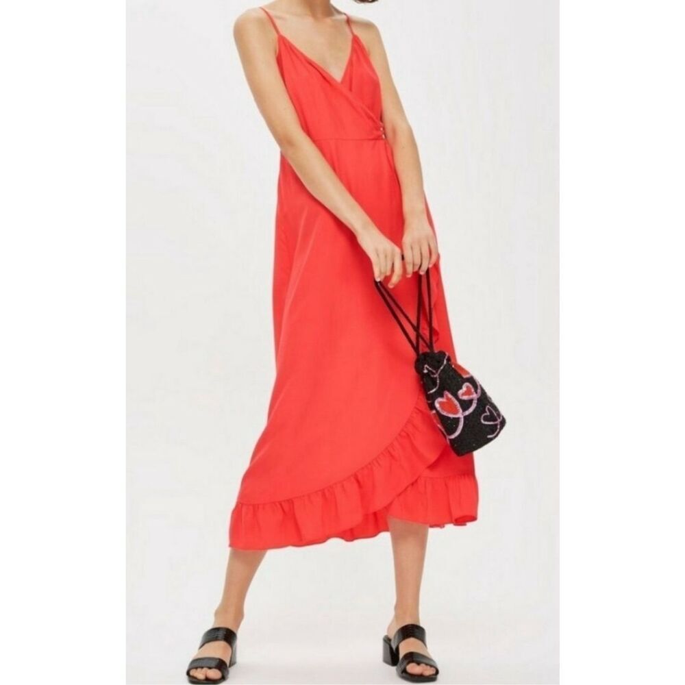 Topshop Deep Coral Red Ruffle Wrap Midi Dress Size 6